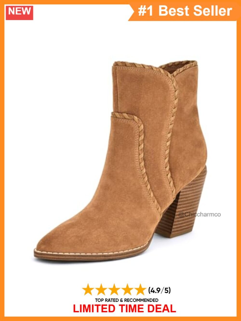 Suede Faux Leather Pointy Toe Ankle Booties with Block Heel and Zipper